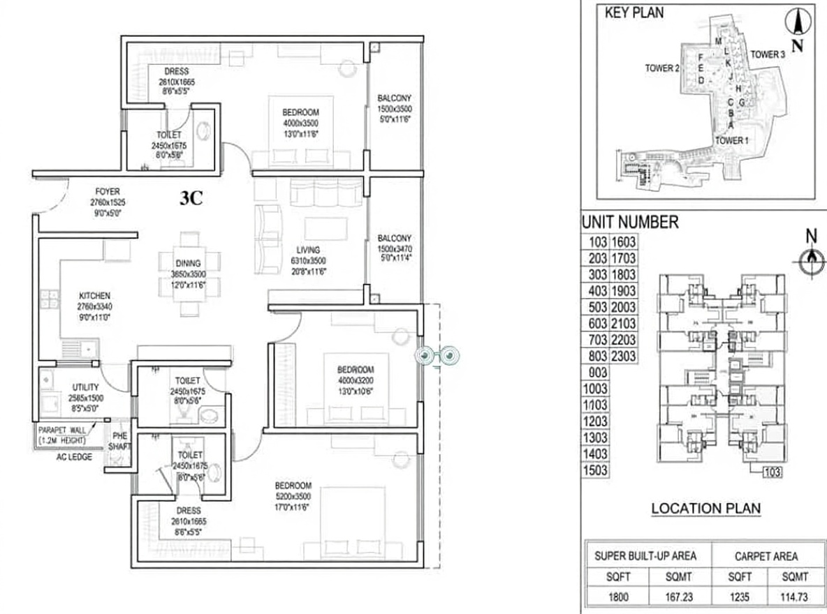 3BHK floor plan, Adarsh Park Heights