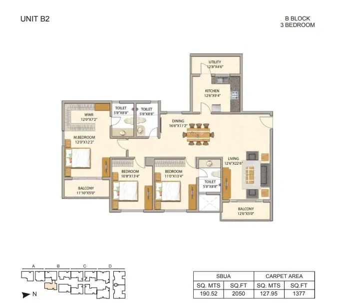 3BHK floor plan, Adarsh Premia - Phase 1