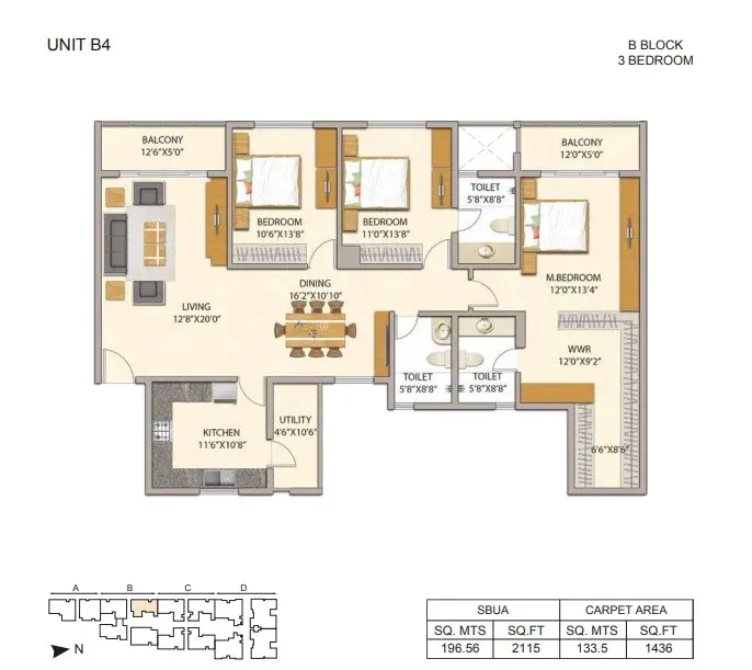 3BHK floor plan, Adarsh Premia - Phase 1