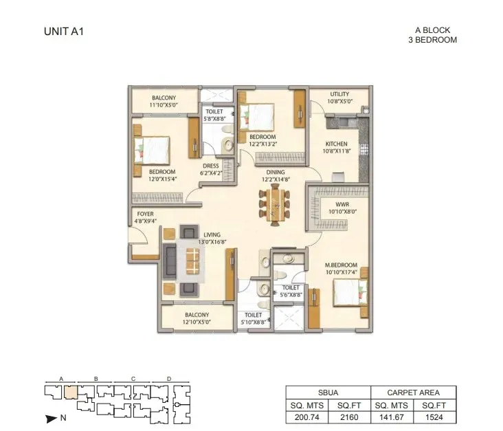 3BHK floor plan, Adarsh Premia - Phase 1
