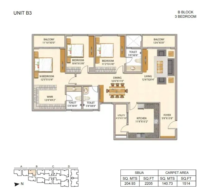 3BHK floor plan, Adarsh Premia - Phase 1