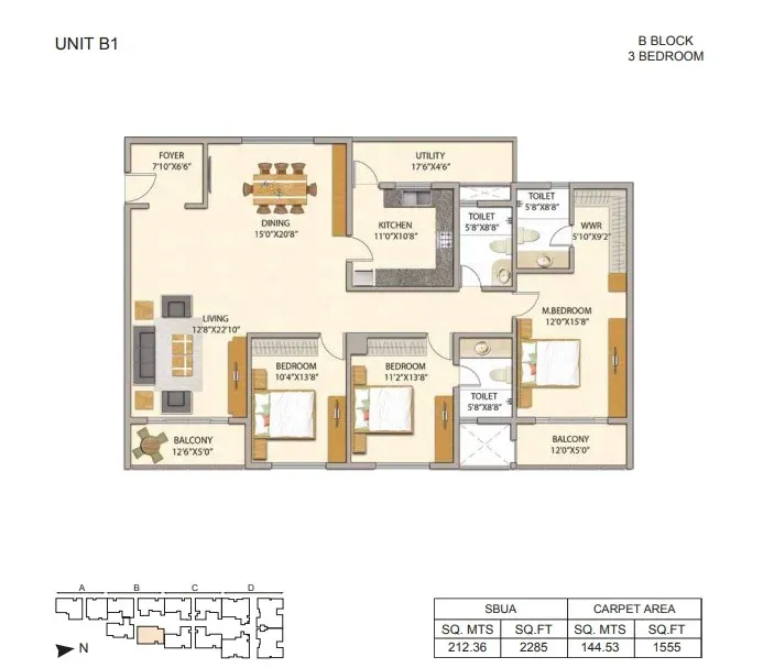 3BHK floor plan, Adarsh Premia - Phase 1
