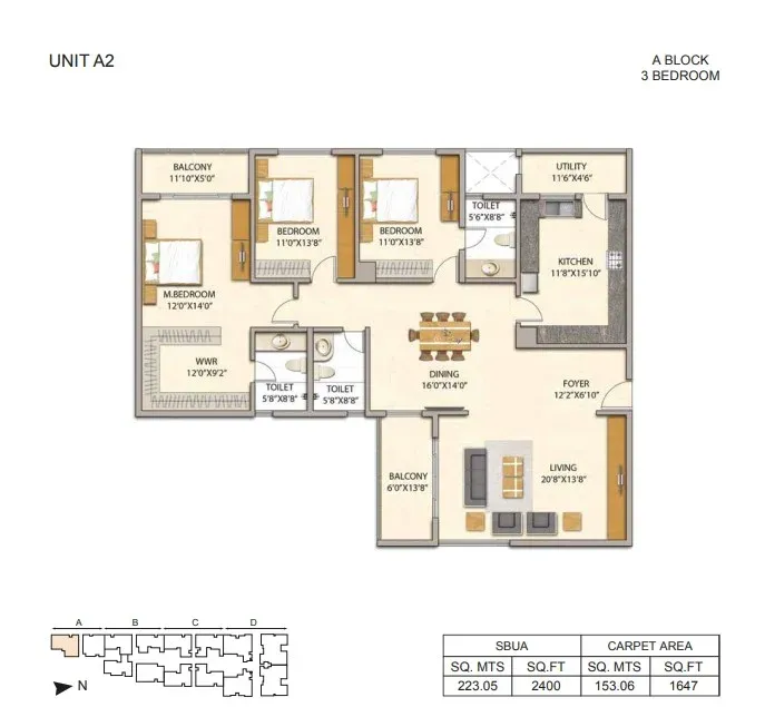 3BHK floor plan, Adarsh Premia - Phase 1
