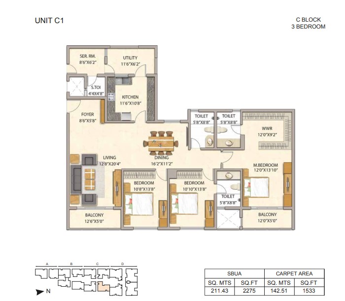 3BHK+Maid floor plan, Adarsh Premia - Phase 1