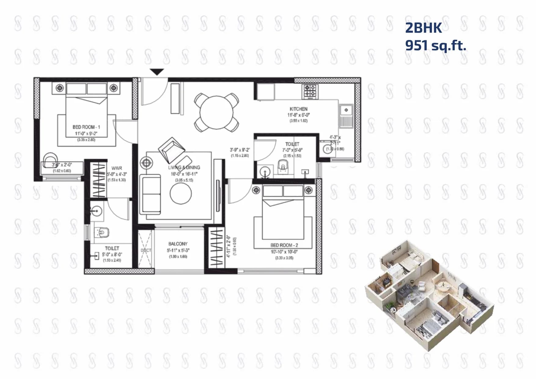 2BHK floor plan, Alchemy One by Aratt