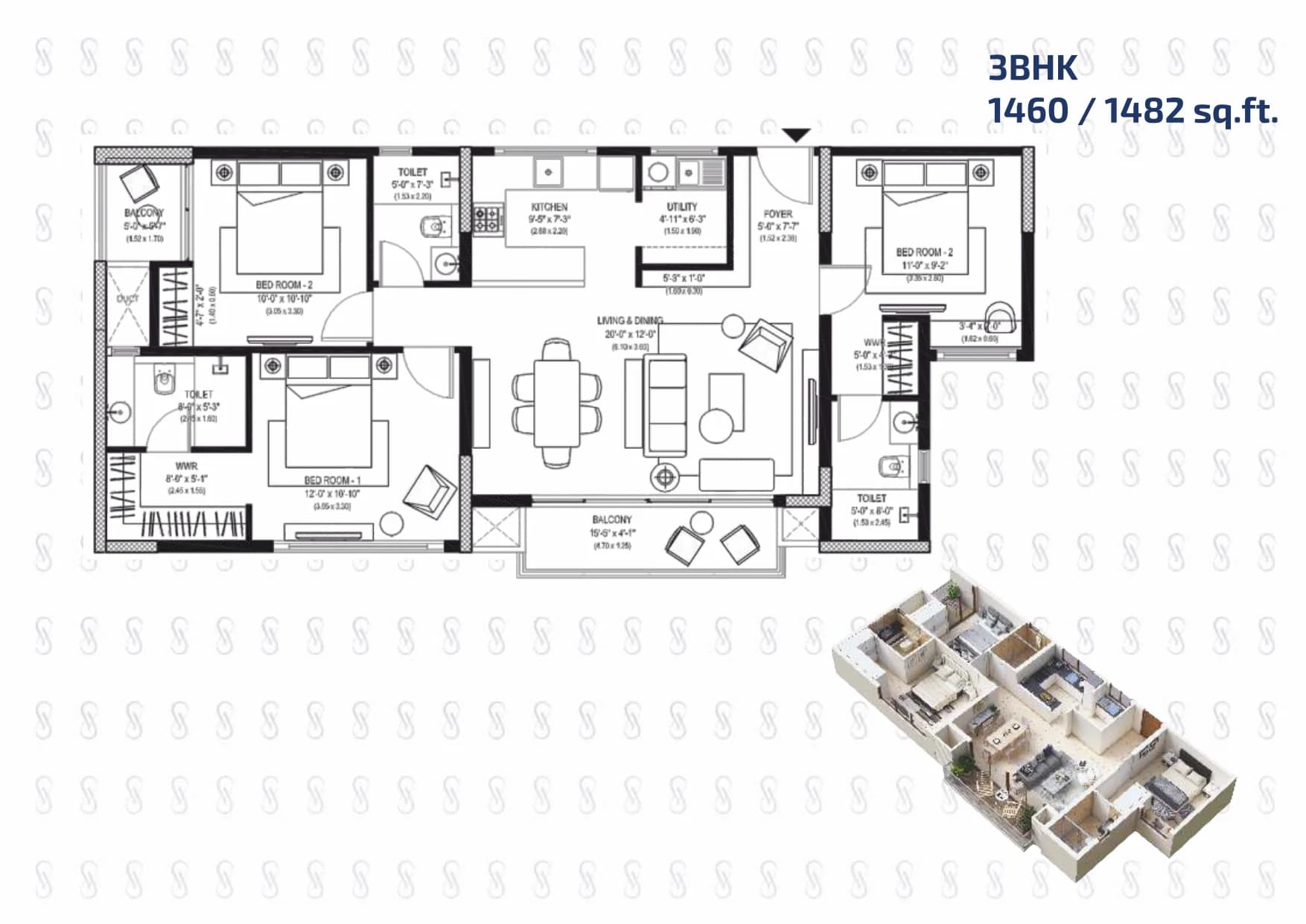 3BHK floor plan, Alchemy One by Aratt