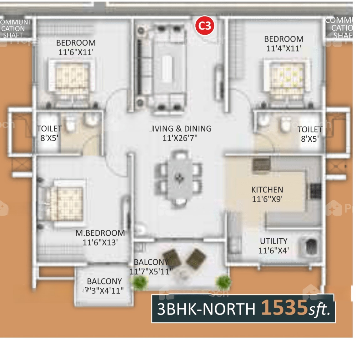 3BHK floor plan, Ankuraa Meridian
