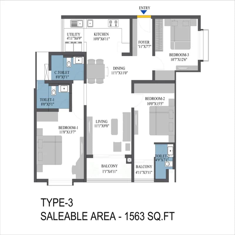 3BHK floor plan, Bren Aspera