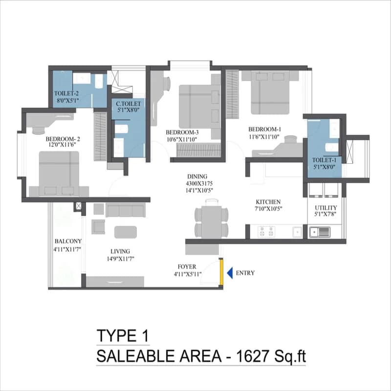 3BHK floor plan, Bren Aspera