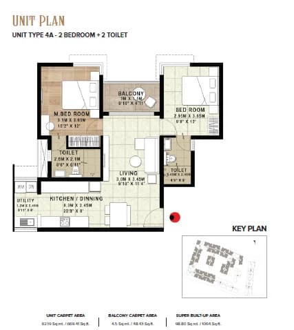 2BHK floor plan, Brigade Horizon