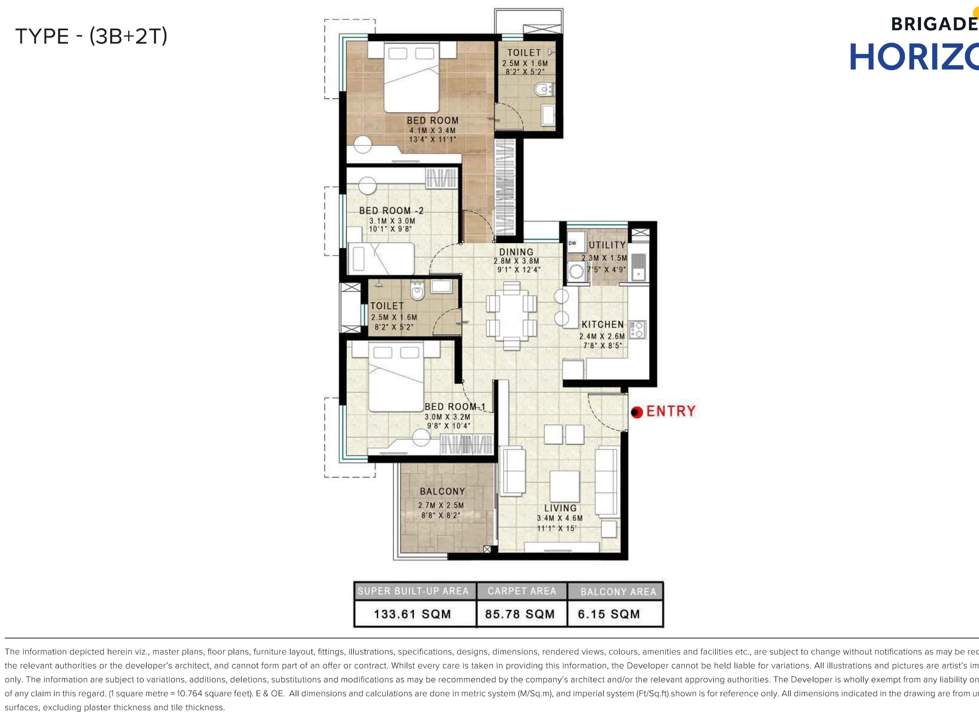 3BHK floor plan, Brigade Horizon