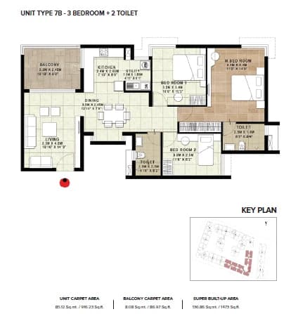 3BHK floor plan, Brigade Horizon
