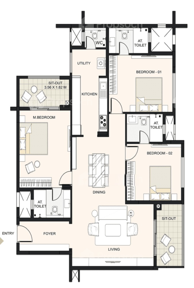 3BHK floor plan, Cornerstone Akhinta Residences