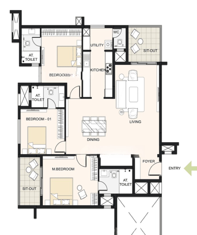 3BHK floor plan, Cornerstone Akhinta Residences