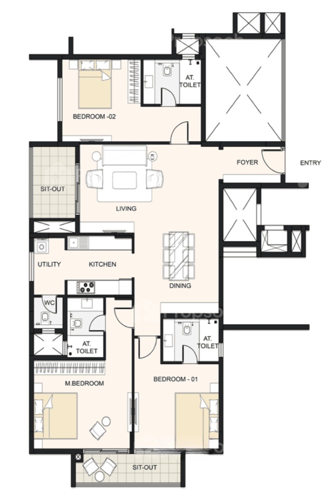 3BHK floor plan, Cornerstone Akhinta Residences