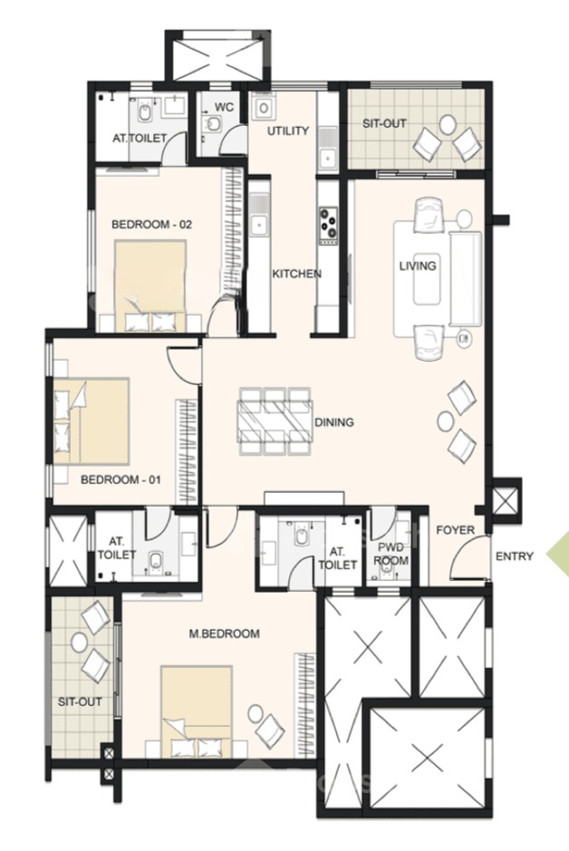 3BHK floor plan, Cornerstone Akhinta Residences
