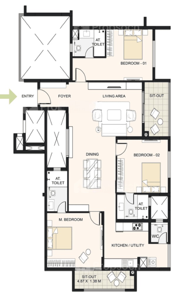 3BHK floor plan, Cornerstone Akhinta Residences