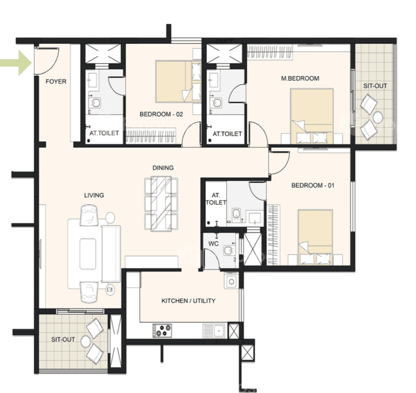 3BHK floor plan, Cornerstone Akhinta Residences