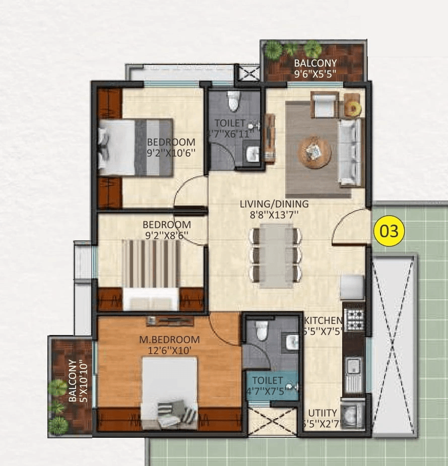 3BHK floor plan, Triaxis Splendour +