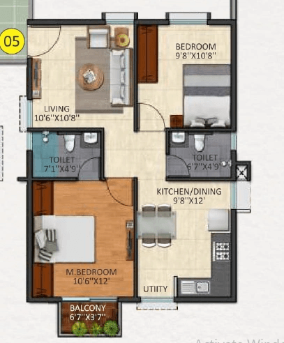 2BHK floor plan, Triaxis Splendour +