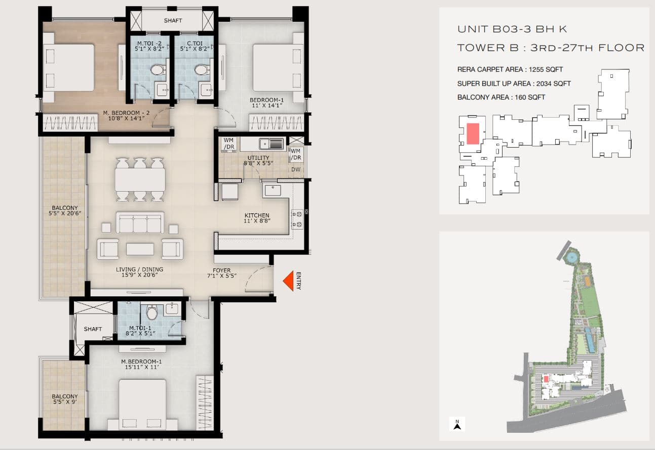 3BHK+Maid floor plan, DNR Highline