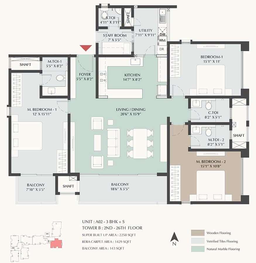 3BHK+Maid floor plan, DNR Highline