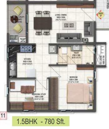1.5BHK floor plan, DSR Highland Greenz