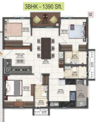 3BHK floor plan, DSR Highland Greenz