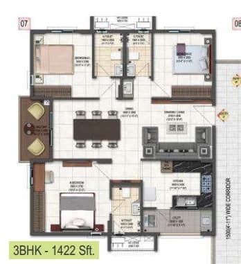 3BHK floor plan, DSR Highland Greenz