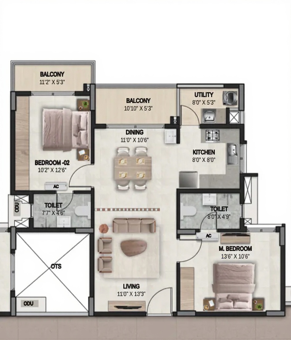 2BHK floor plan, DSR the Courtyard