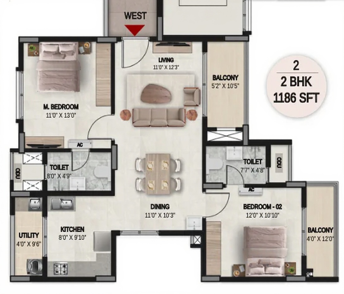 2BHK floor plan, DSR the Courtyard