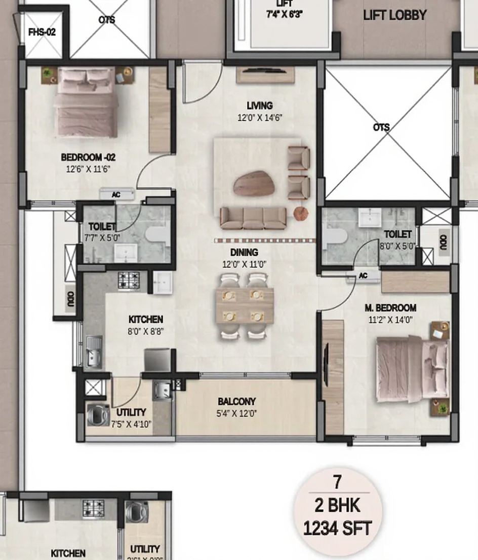 2BHK floor plan, DSR the Courtyard