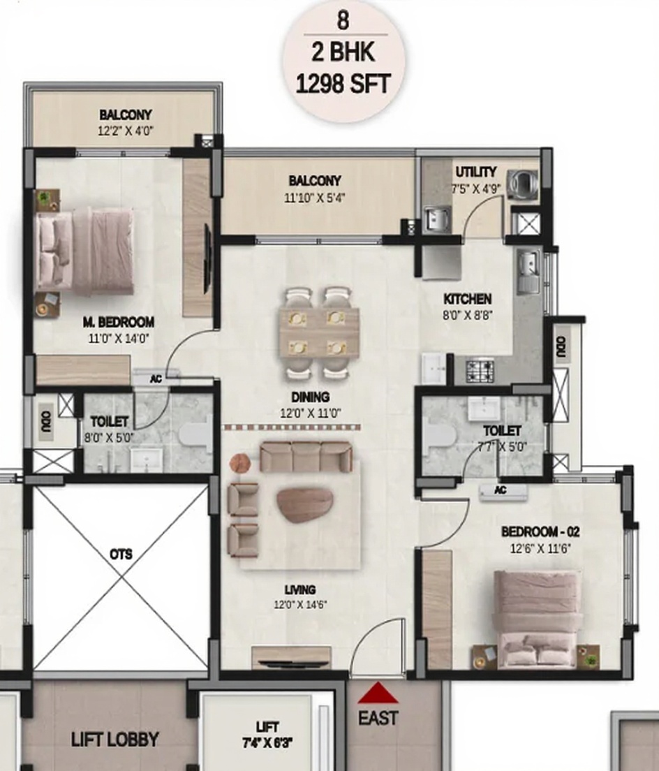 2BHK floor plan, DSR the Courtyard