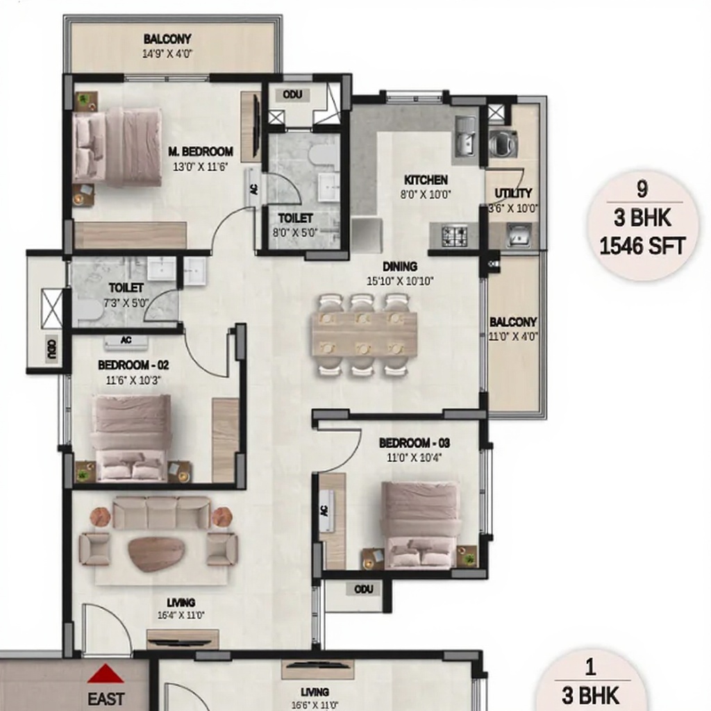 3BHK floor plan, DSR the Courtyard