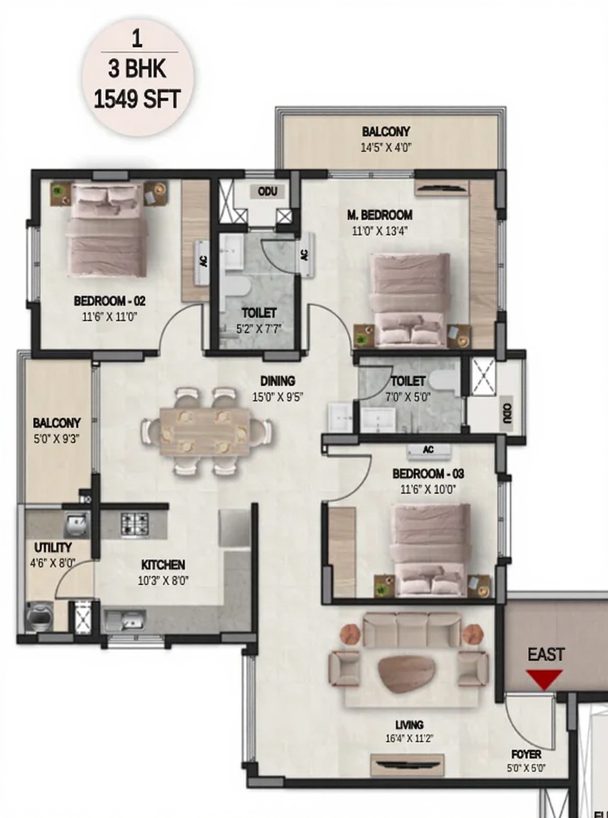 3BHK floor plan, DSR the Courtyard