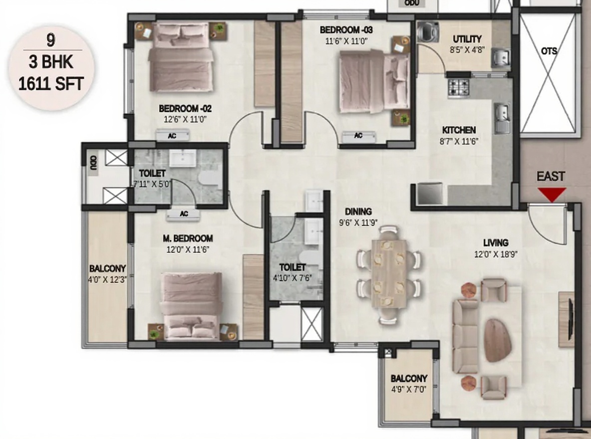 3BHK floor plan, DSR the Courtyard