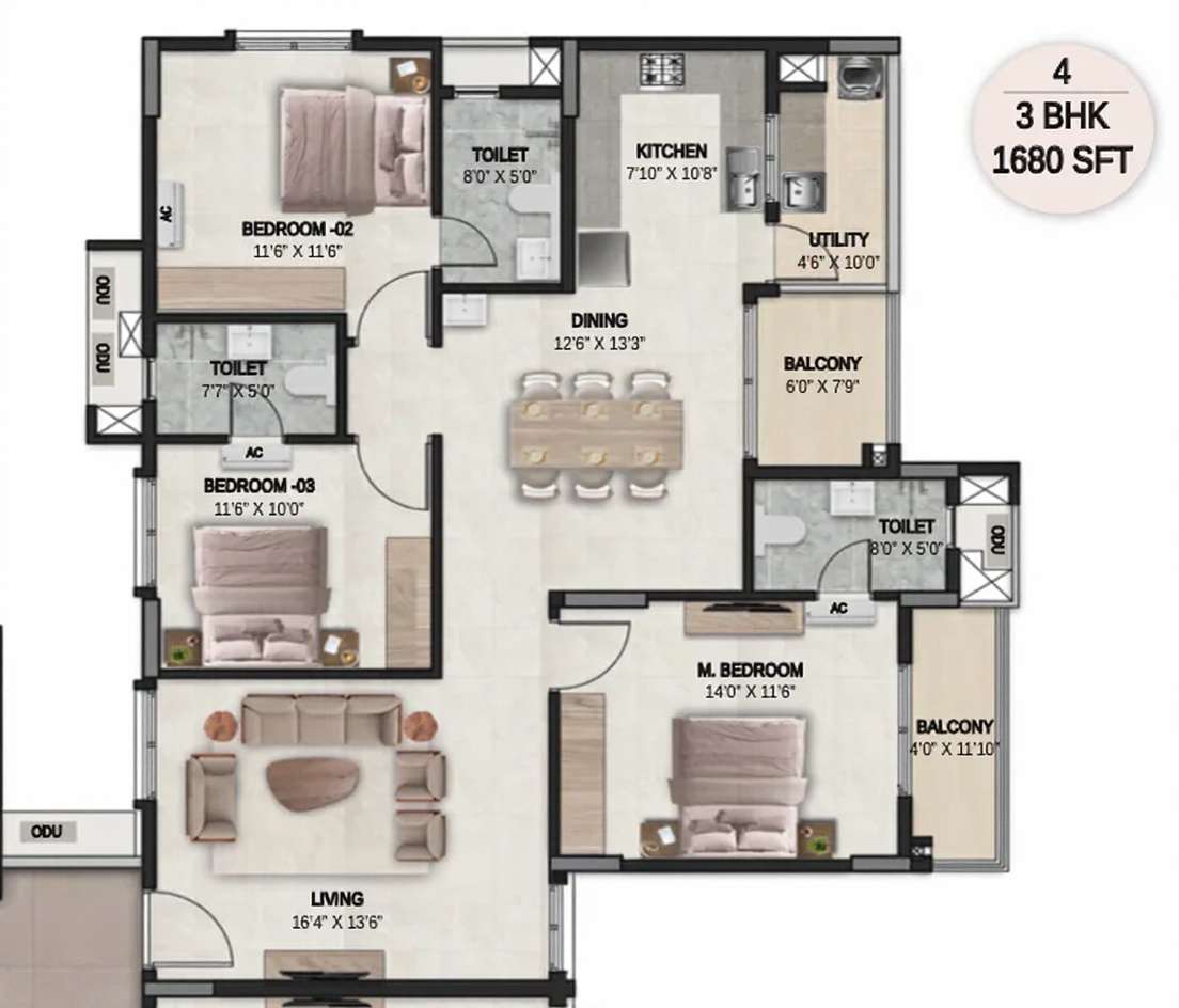 3BHK floor plan, DSR the Courtyard