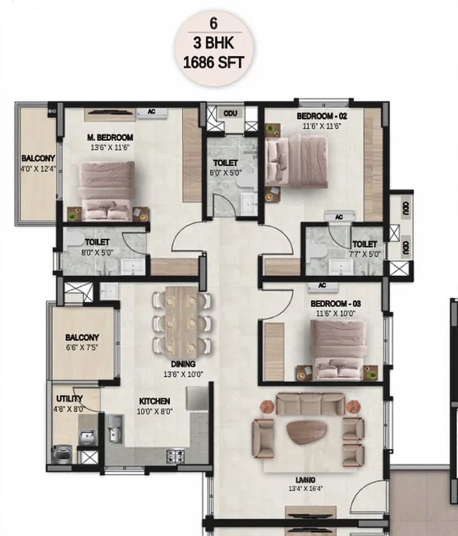 3BHK floor plan, DSR the Courtyard