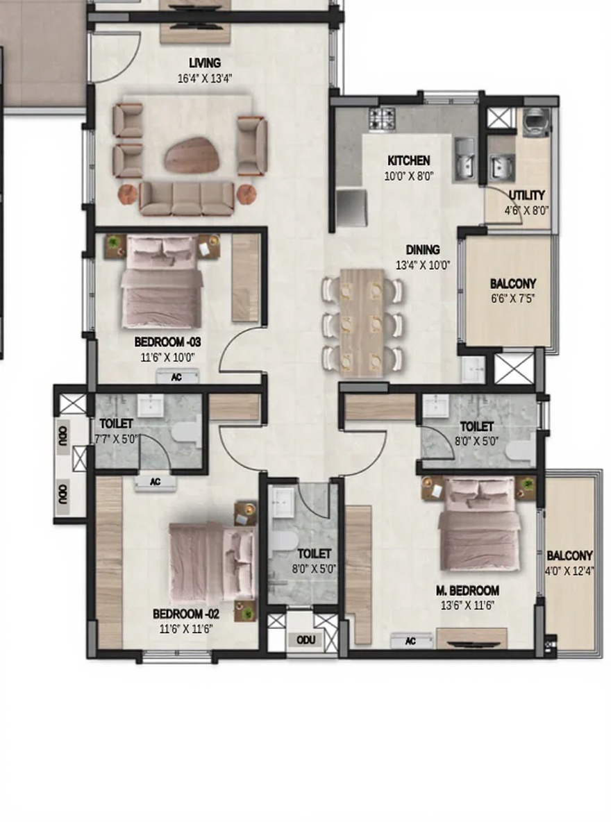 3BHK floor plan, DSR the Courtyard