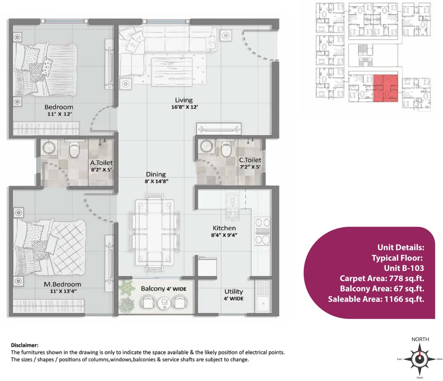 2BHK floor plan, Elegant Aura