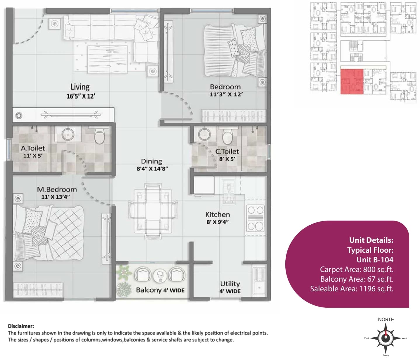 2BHK floor plan, Elegant Aura