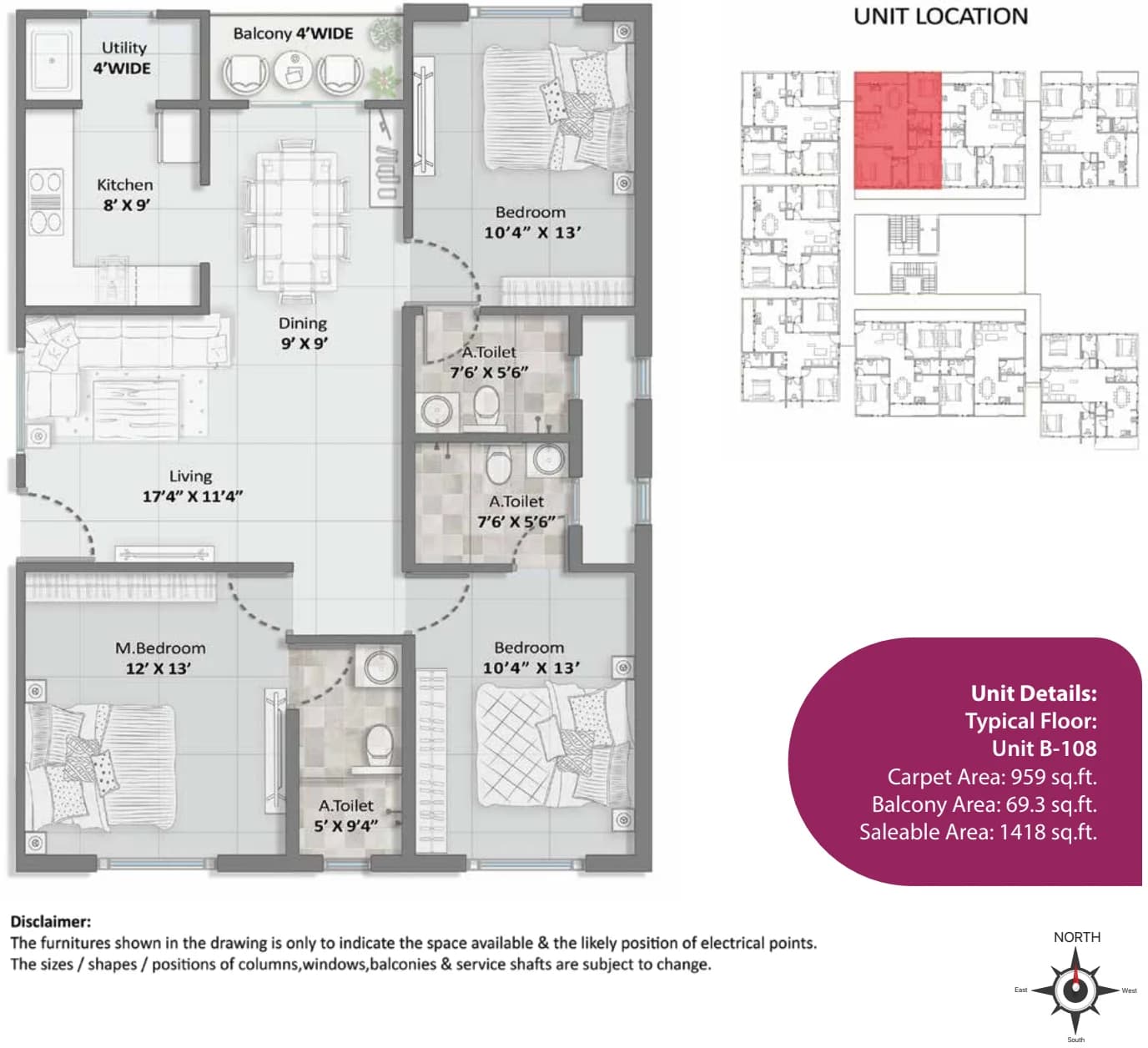 3BHK floor plan, Elegant Aura