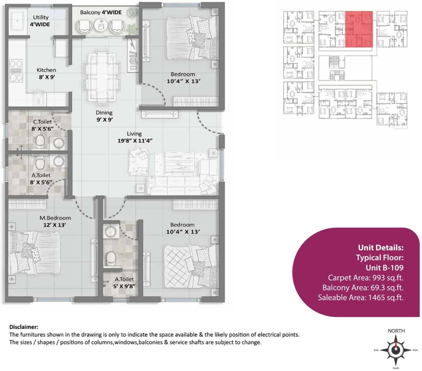 3BHK floor plan, Elegant Aura