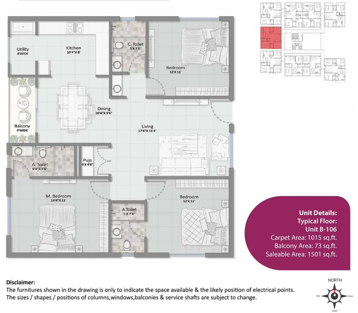 3BHK floor plan, Elegant Aura