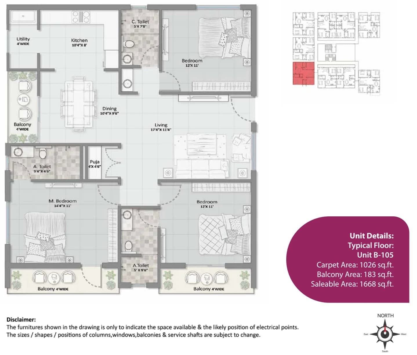3BHK floor plan, Elegant Aura