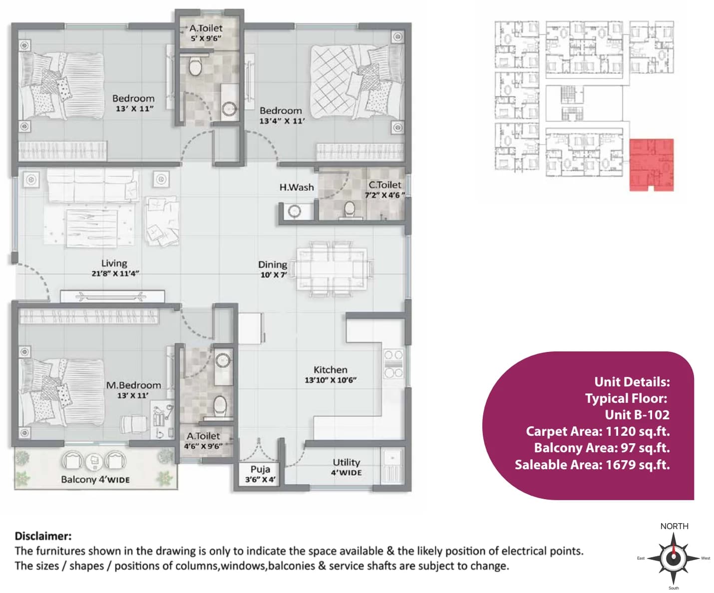 3BHK floor plan, Elegant Aura