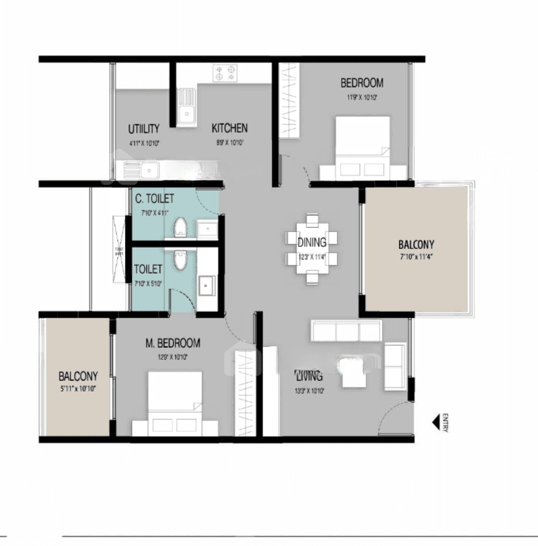 2BHK floor plan, Elv The Ivory Terraces