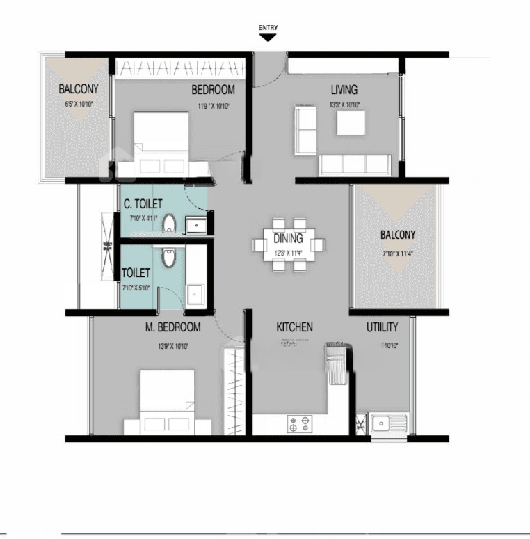 2BHK floor plan, Elv The Ivory Terraces