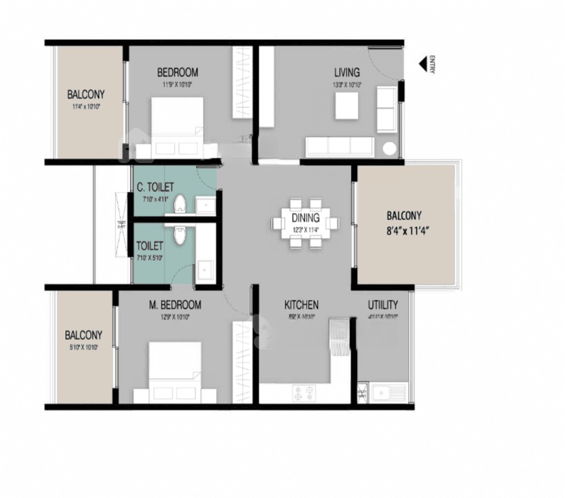2BHK floor plan, Elv The Ivory Terraces