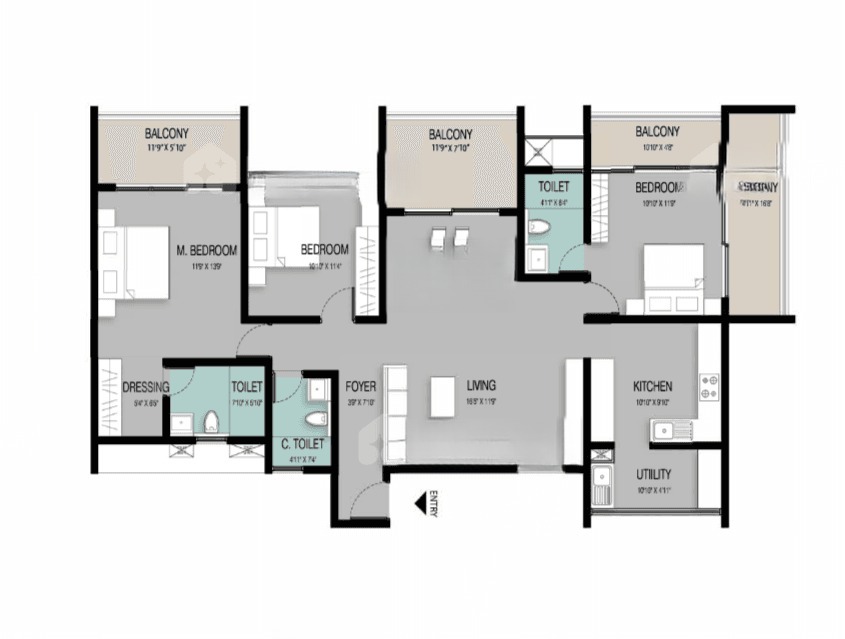 3BHK floor plan, Elv The Ivory Terraces